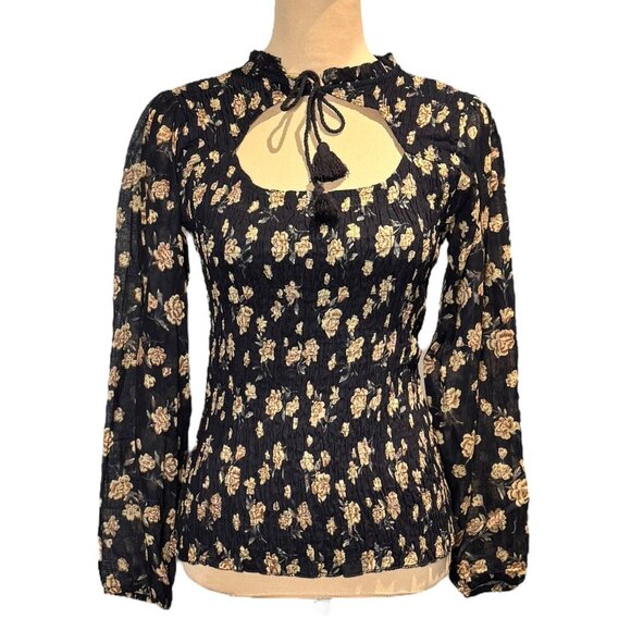 Blue Boheme Tops - Blue Boheme Floral Top Sz.M- L Black Smocked Ruffle Whimsigoth Fairy Grunge